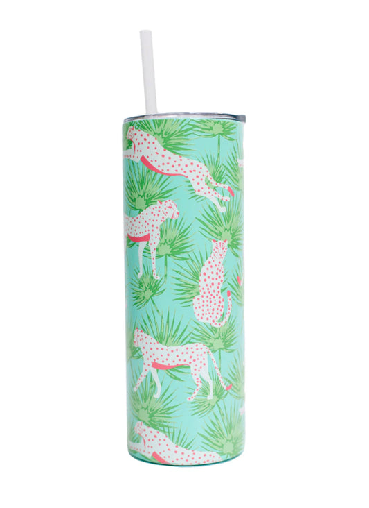 Tall, cylindrical tumbler with straw. Pink-spotted cheetahs and green leaves design. Available in 20oz and 30oz sizes.