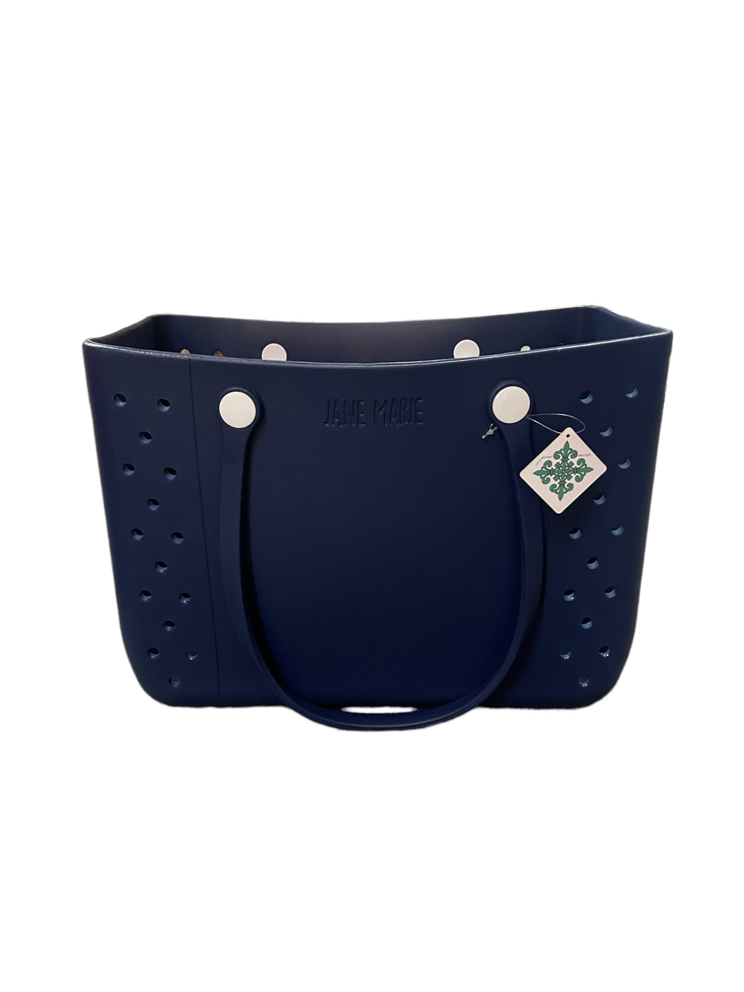 Dark blue rubber tote with two handles, white buttons, side cut-outs, tag, and embossed logo. Available in small and large sizes.
