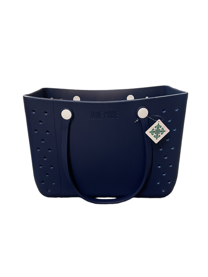 Dark blue rubber tote with two handles, white buttons, side cut-outs, tag, and embossed logo. Available in small and large sizes.
