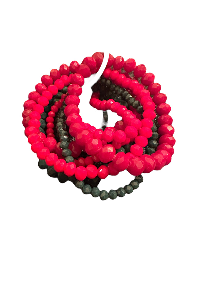Glass Beaded Strand Bracelet with faceted bright red and dark green beads, available in small, medium, and large sizes.