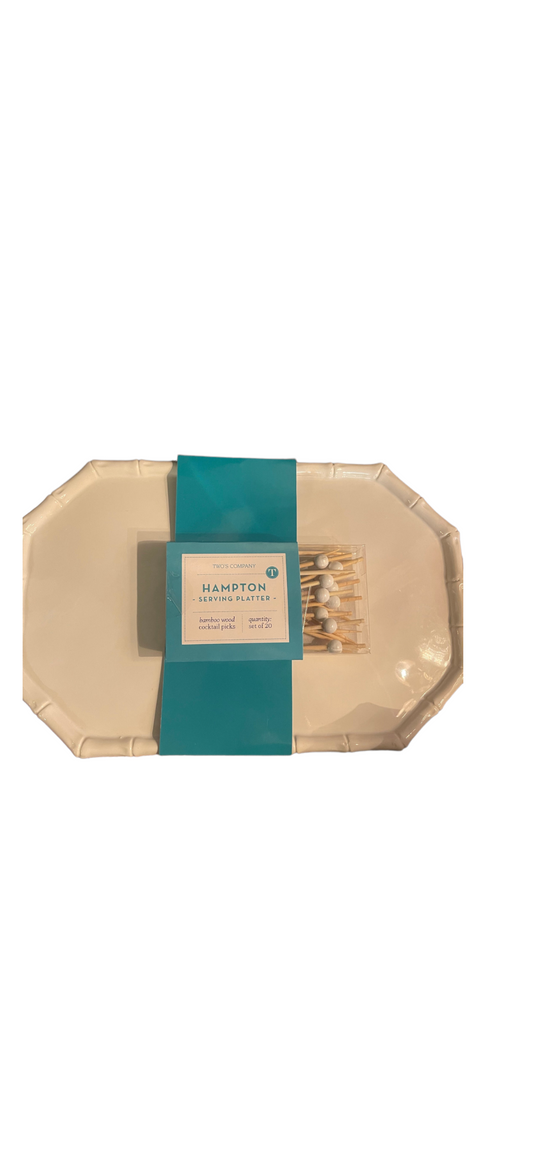 Cream rectangular Hampton Faux Bamboo Serving Platter with rounded corners, teal "HAMPTON" band. Available in multiple sizes.
