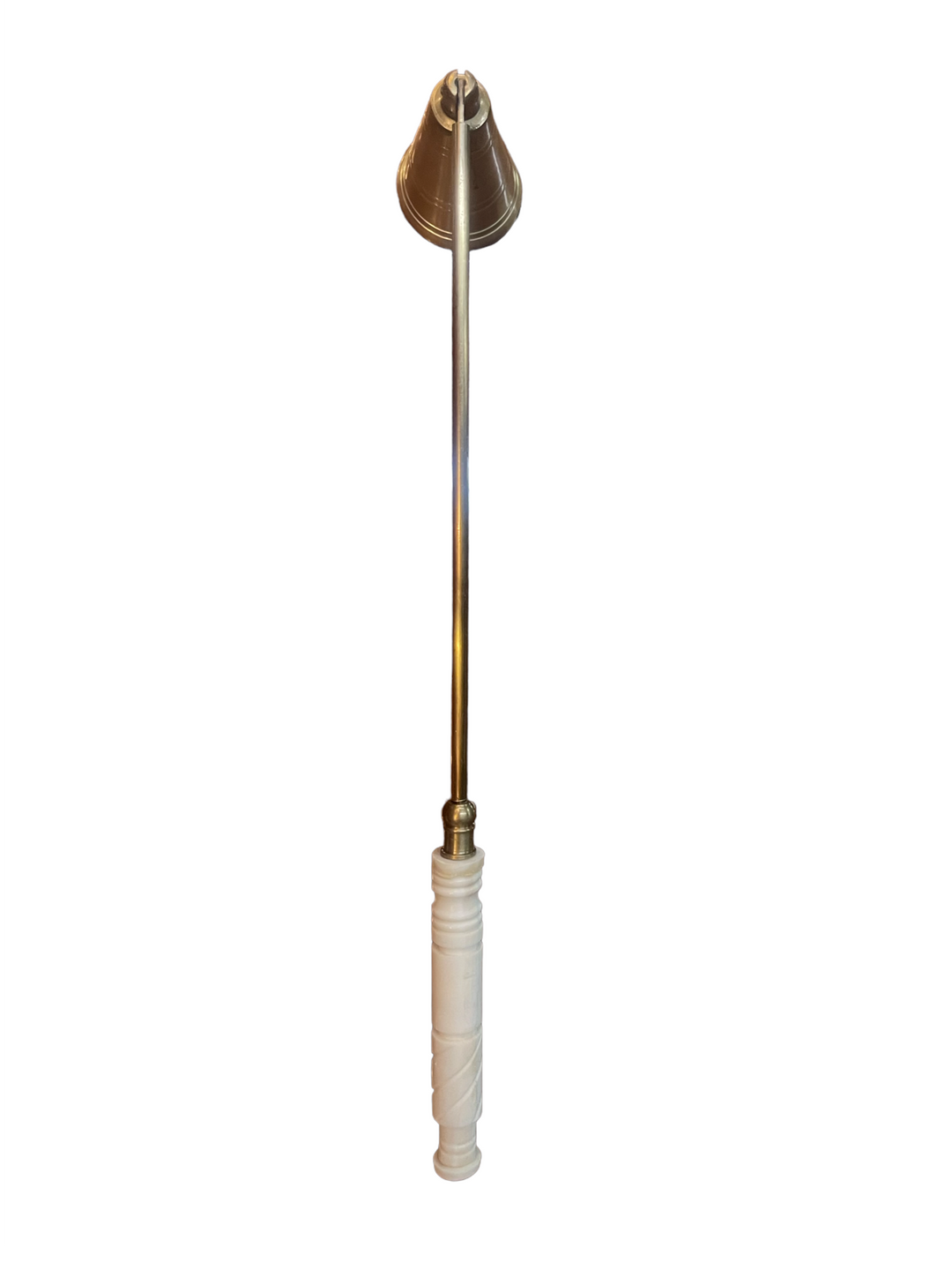 Lights Out Brass Candle Snuffer by Two’s Company with a white ribbed handle. Available sizes: small, medium, large.