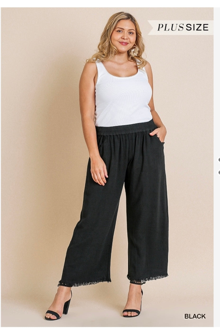 Black fringed linen pants in oatmeal and black color. Available in plus sizes.