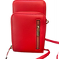 Small, bright red Crossbody Wallet with two zippered compartments, front vertical zipper pocket, and matching red strap. Sizes: S, M.