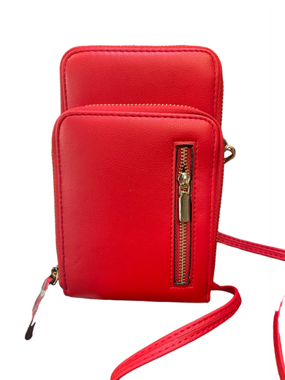 Small, bright red Crossbody Wallet with two zippered compartments, front vertical zipper pocket, and matching red strap. Sizes: S, M.