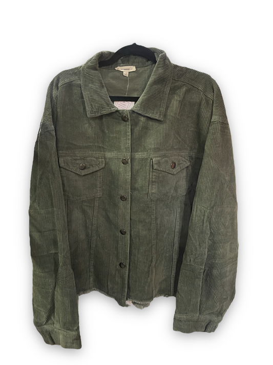 Olive Corduroy Button Down Shirt Jacket - PLUS