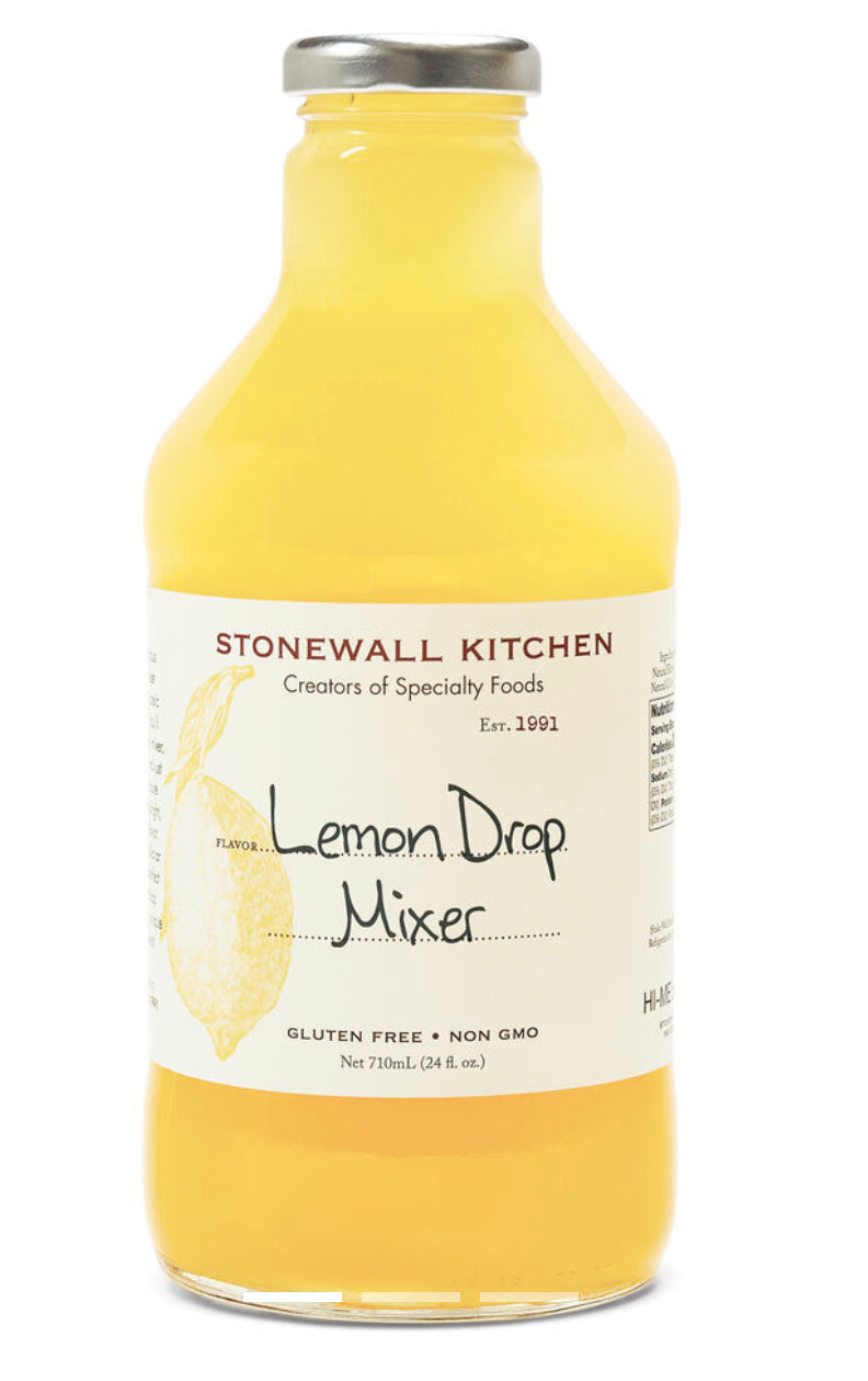 Clear 24oz Lemon Drop Mixer bottle, lemon graphic, gluten free, non-GMO.