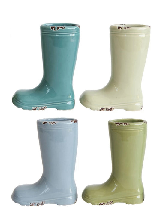 Stoneware Boot Vase in blue, cream, light blue, and light green with rustic edges. Available in multiple sizes.