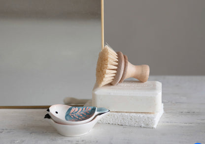Hand-Painted Stoneware Bird Shaped Dish (4 Styles), blue and pink accents, available in small and large sizes.