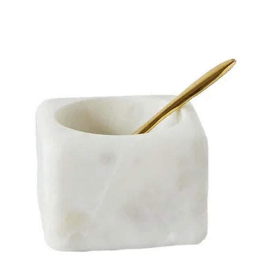 Square white marble pinch pot with rounded opening and brass spoon. Sizes available: small, medium, large.