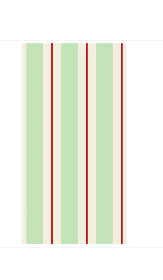 Pack of 16 guest napkins, seafoam and cream stripes with thin red lines. Size: guest napkin.