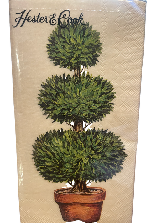 Decorative 3-ply guest napkin with illustrated three-tiered topiary tree in brown pot. Size: 4.25" x 7.75".