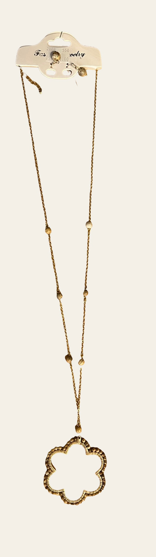 Twisted gold chain necklace with small bead accents and large openwork flower pendant. Available in multiple sizes.
