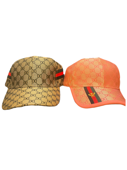 Tan or orange Story Baseball Hat with monogram, red-green stripe, bee emblem; adjustable; available in S/M and L/XL.