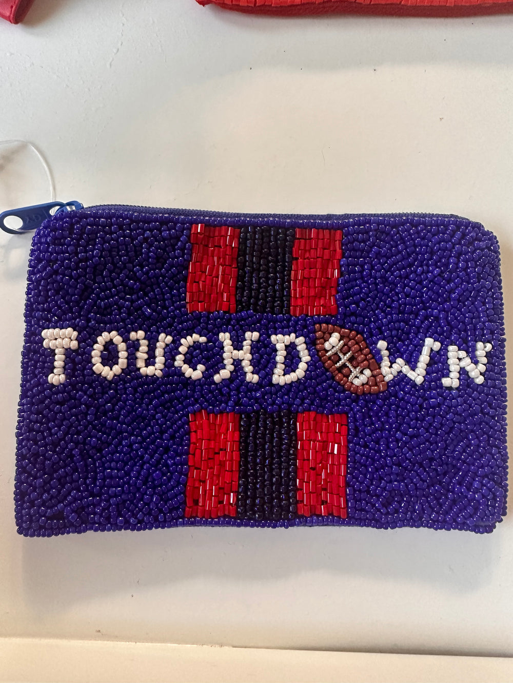 Blue and red beaded Game Day Sequin Wallet. Available sizes: Small, Medium, Large.