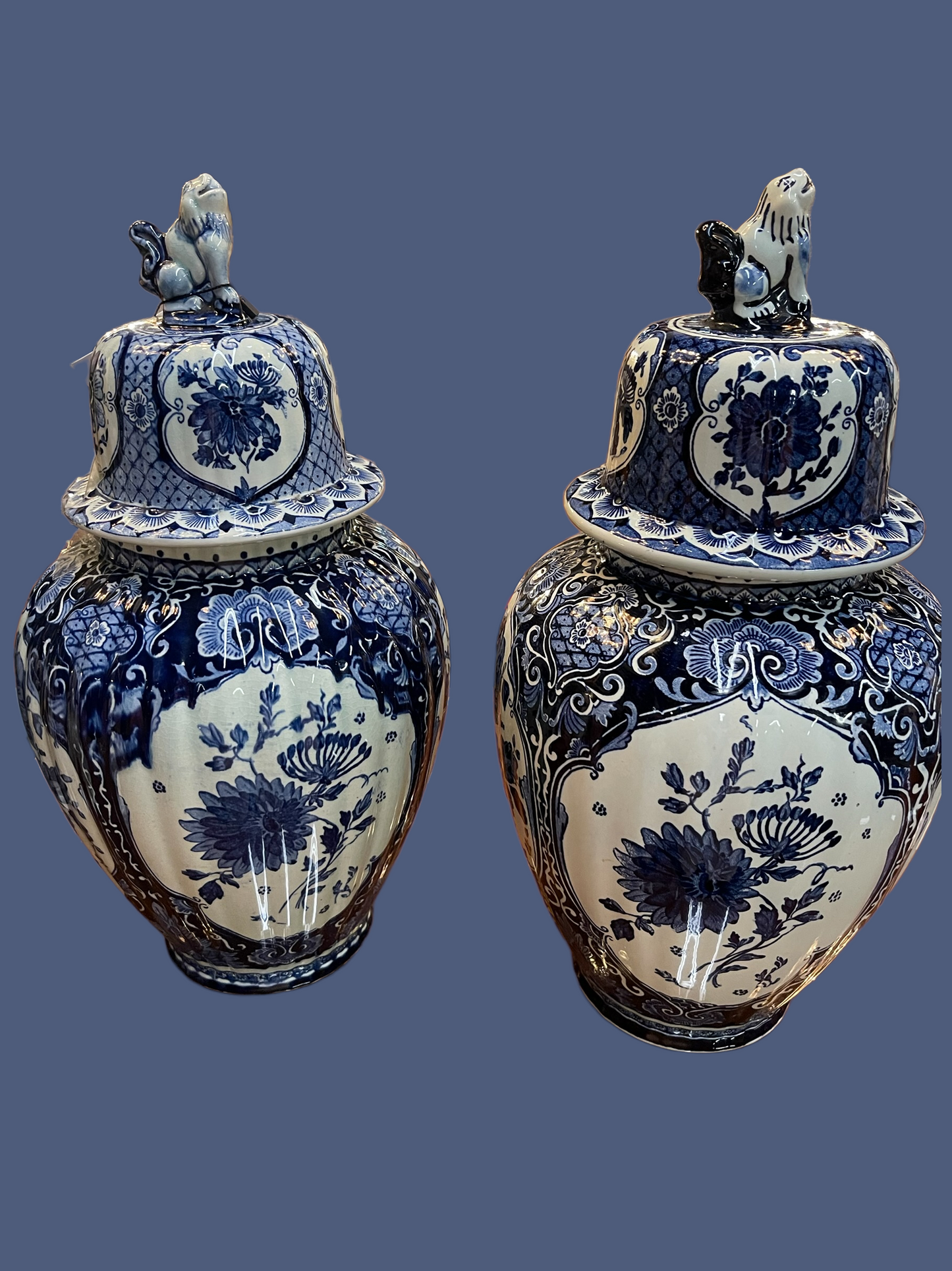 Boch Royal Sphinx Blue Delft Lidded Ginger Jars