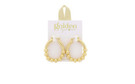 18K Gold Plated Tubular Gold Ball Oval Earrings, adorned with small pearls. Comes on a white card labeled "golden" in green text. One size available.