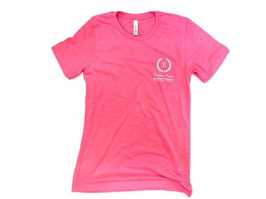 A bright pink Everlee Jane T-shirt with a unisex fit and a logo on the left chest area featuring stylized initials surrounded by the text "Estelle Janes Rodeo Days" in a circular format
