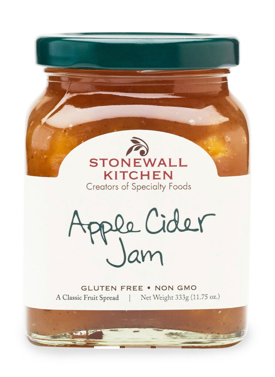 Apple Cider Jam is in an 11.75 oz jar, filled with juicy apples. The product is gluten-free and non-GMO. Its net weight is 333g (11.75 oz).