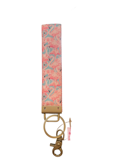 Simply Southern Key Fob 0122: pink flamingo on light blue, gold clasp, key rings, small pink ribbon. Sizes available: standard.