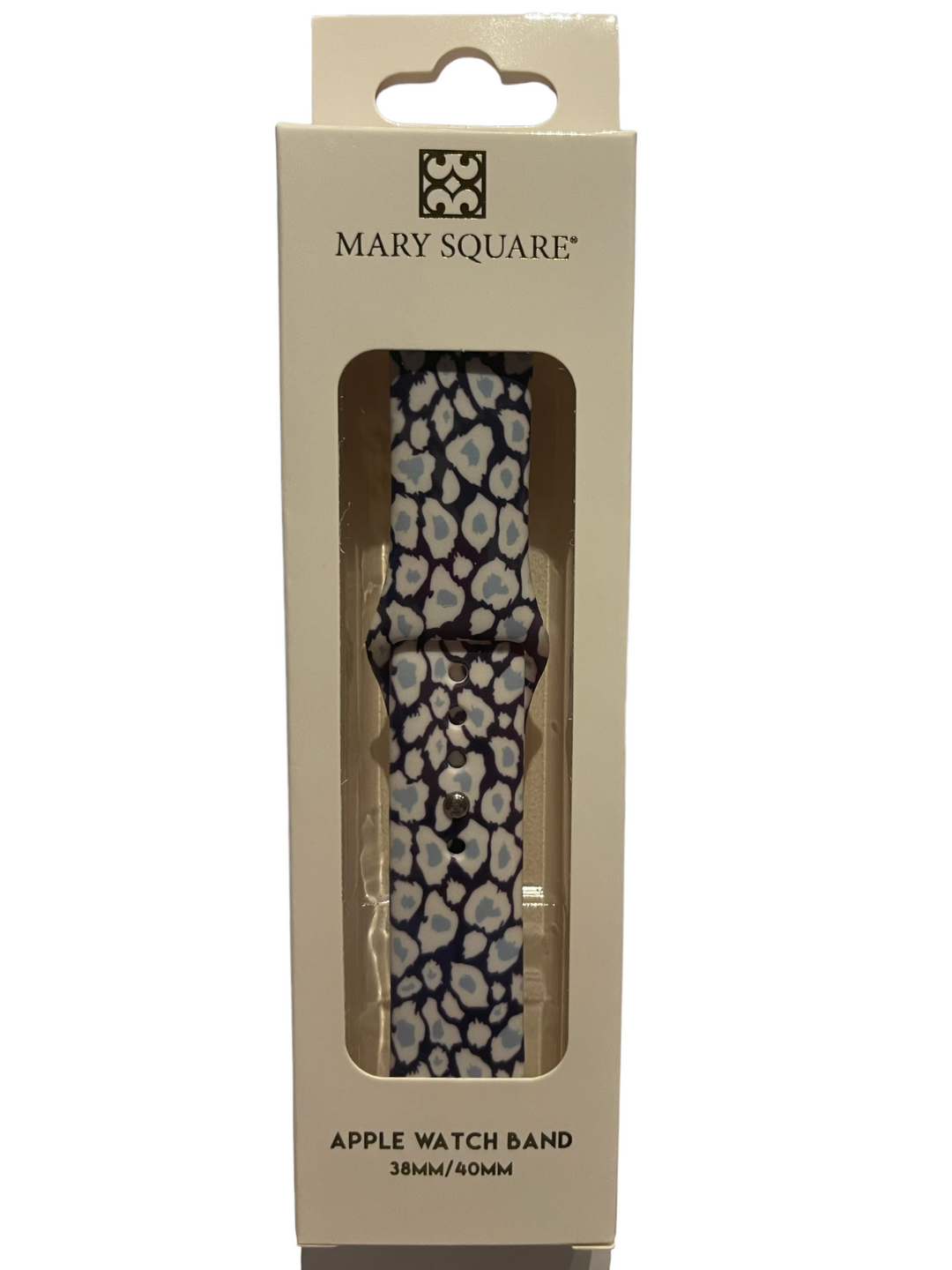 Blue, purple, and white animal print watch band for 38mm/40mm Apple Watch.