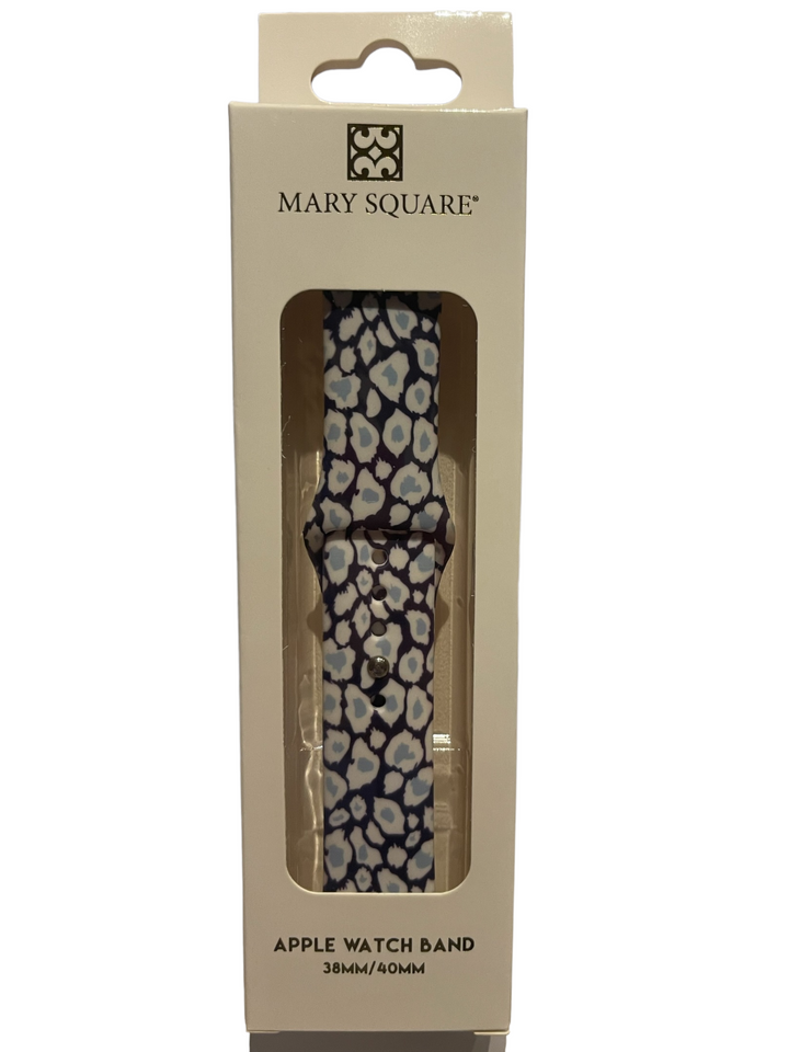 Blue, purple, and white animal print watch band for 38mm/40mm Apple Watch.
