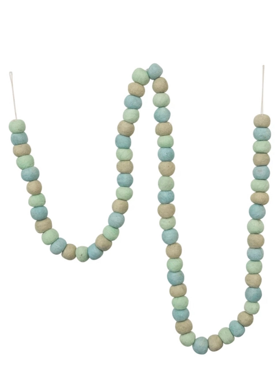 72”L wool felt ball garland in blue, sage green, and tan.