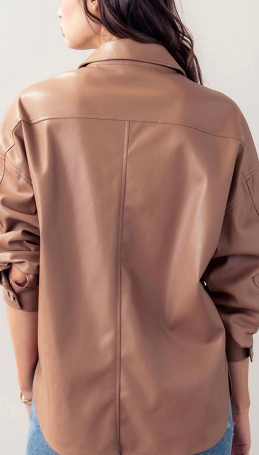 Camel Faux Leather Button up Jacket