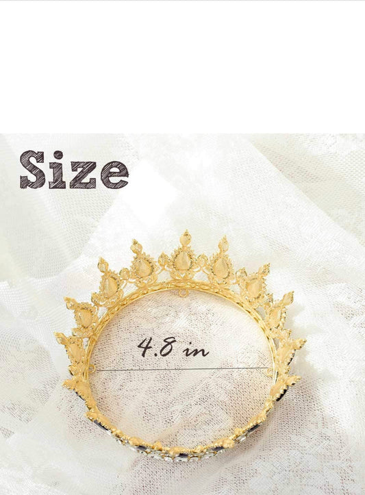 The Queen Crown Blue features vintage blue crystals, black rhinestones, and has a 4.8 in diameter size available.