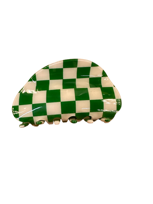 Half Time Claw Clip with green and white checkered pattern; available in small, medium, and large sizes.