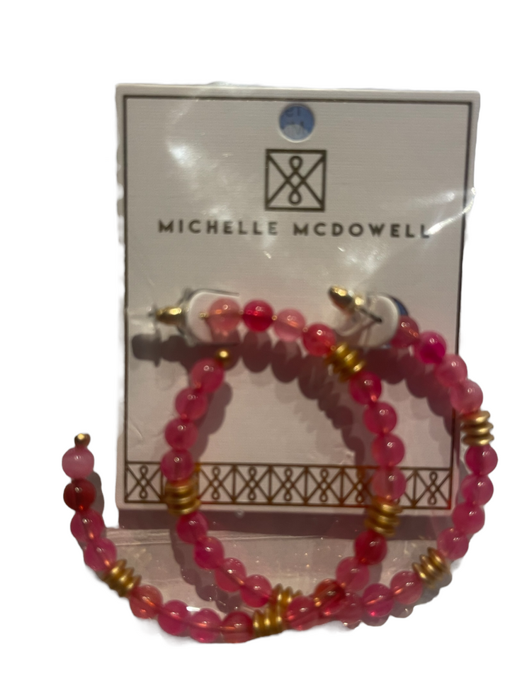 Michelle McDowell Earrings with pink beads and gold accents. Available in small, medium, and large sizes.