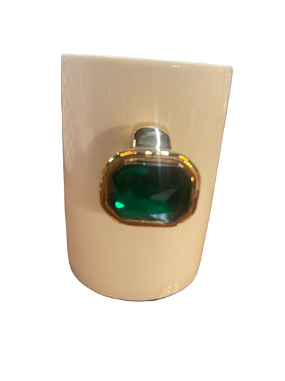 White ceramic mug with large gold-trimmed green gemstone-shaped handle, available in standard 11oz and 15oz sizes.