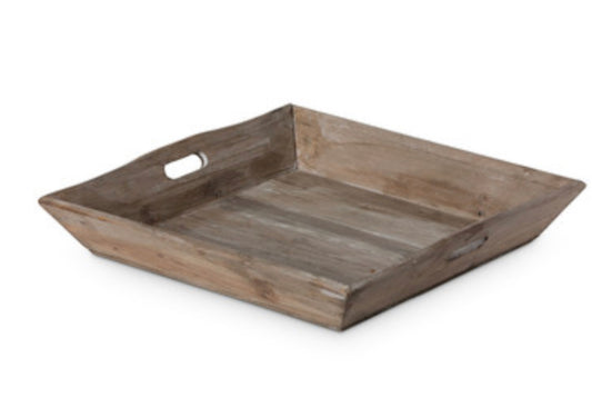 21x21 inch reclaimed wood tray with cut-out handles, slanted edges, and rustic weathered finish.