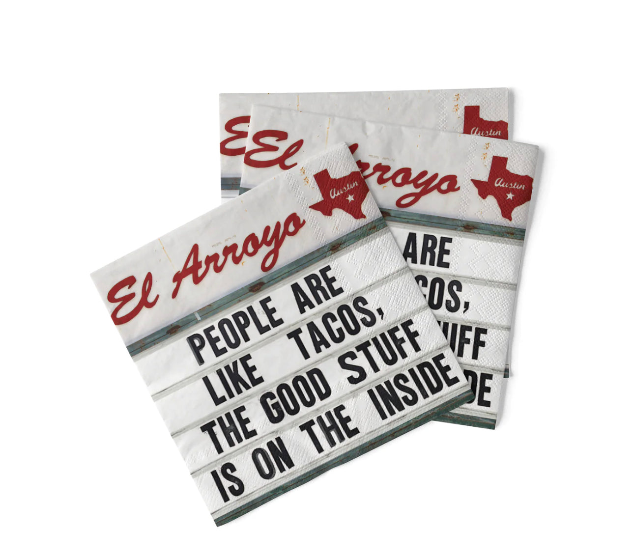 El Arroyo Cocktail Napkins, red Texas shape, "People are like tacos..." phrase. Set of 3. Size: standard cocktail napkin.
