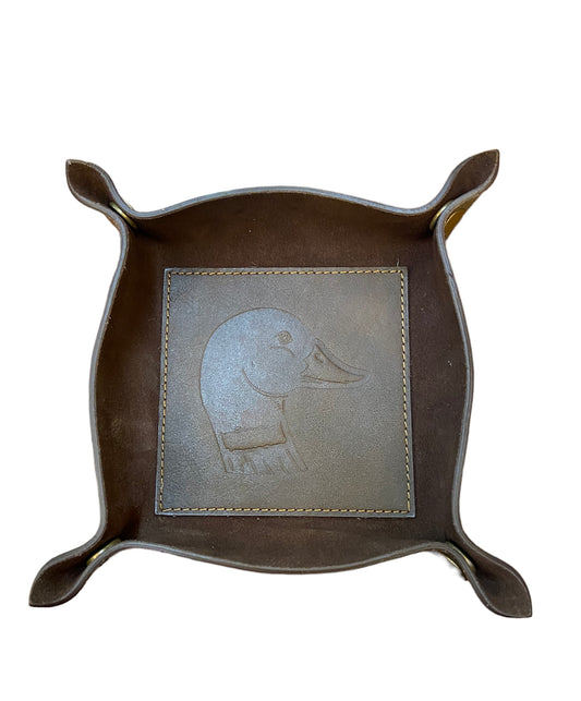 Longhorn Leather Embossed Valet Tray with raised corners, embossed longhorn design; available in small and large sizes.