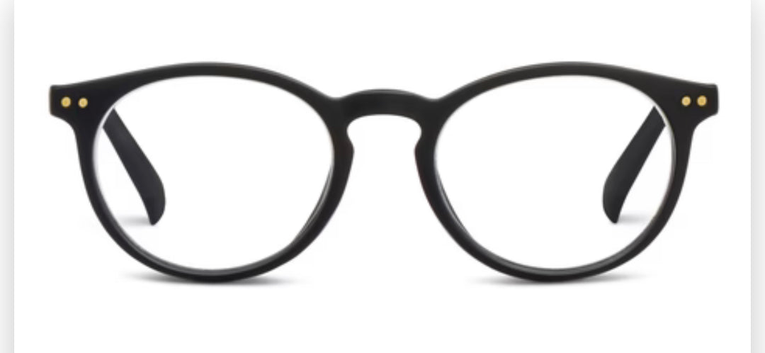 Round black eyeglasses with clear lenses, gold dots on frame corners. Available in sizes S, M, L.