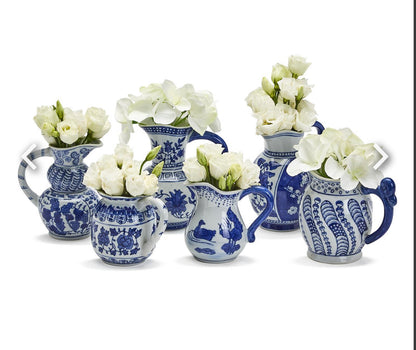 Six Canton Small Pitchers with blue and white patterns. Available sizes: small.