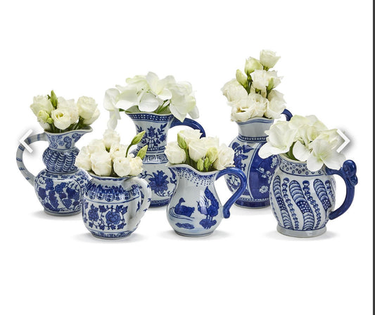 Six Canton Small Pitchers with blue and white patterns. Available sizes: small.