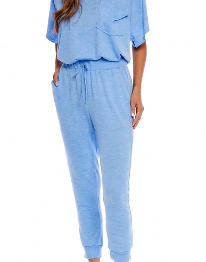 Claremont Joggers: light blue, super soft, side pockets; available in sizes XS–XL.