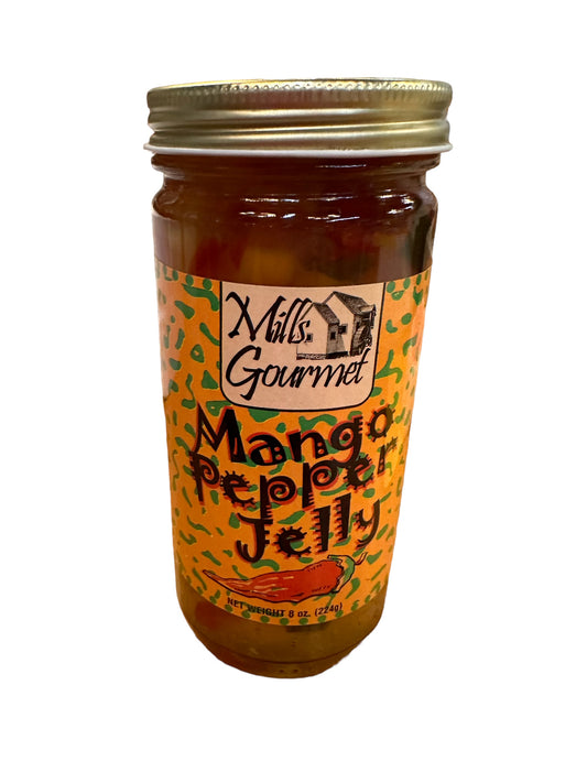 Mill's Gourmet Mango Habanero Pepper Jelly in glass jar, gold lid, orange label; available in 8 oz and 16 oz sizes.
