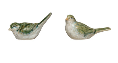 Stoneware Bird figurines in green and white tones. Available sizes: small, medium, large.