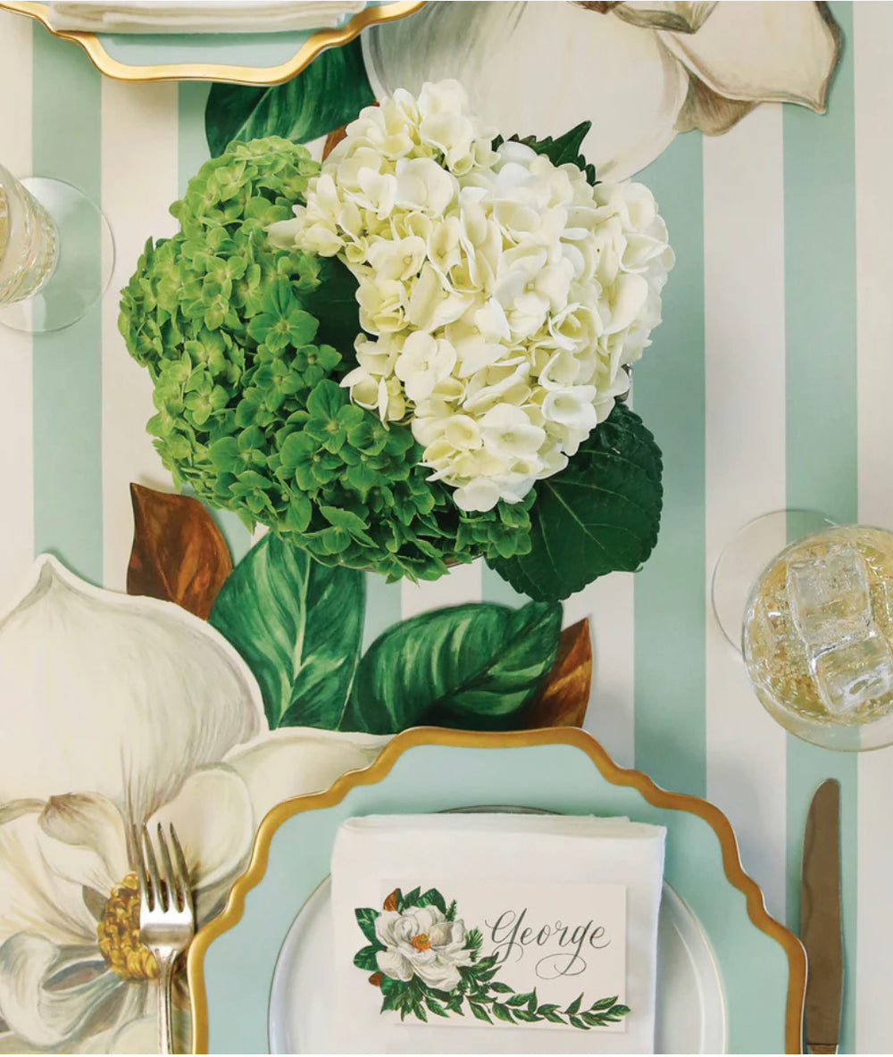 Seafoam Runner with magnolia flower illustrations, available in 20x25 size.