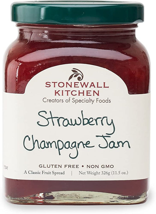 Stonewall Kitchen Strawberry Champagne Jam, 11.5 oz glass jar, white label with handwritten-style text, gluten-free, non-GMO.