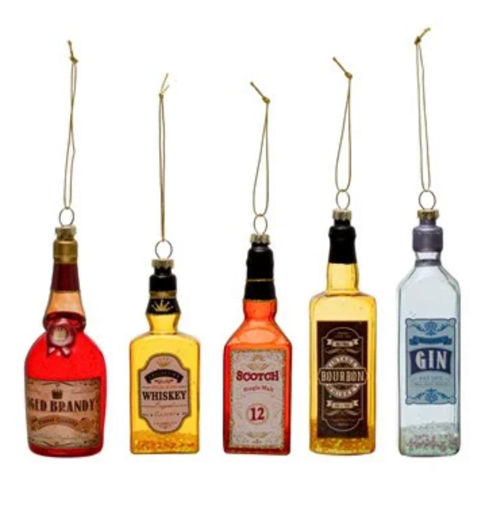 Five glittered glass liquor bottle ornaments, available in 5 styles: brandy, whiskey, scotch, bourbon, and gin.