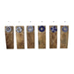 Set of six mango wood Chinoiserie door stops with unique blue and white ceramic knobs, numbered 1-6; available in multiple sizes.
