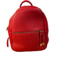Small, bright red leather backpack with front zip pocket, gold zipper, red tassel pulls. Available in S, M, L.