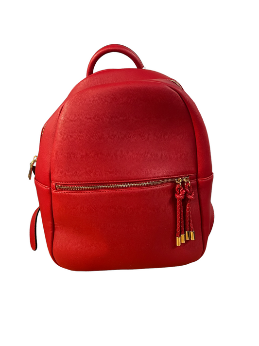 Small, bright red leather backpack with front zip pocket, gold zipper, red tassel pulls. Available in S, M, L.