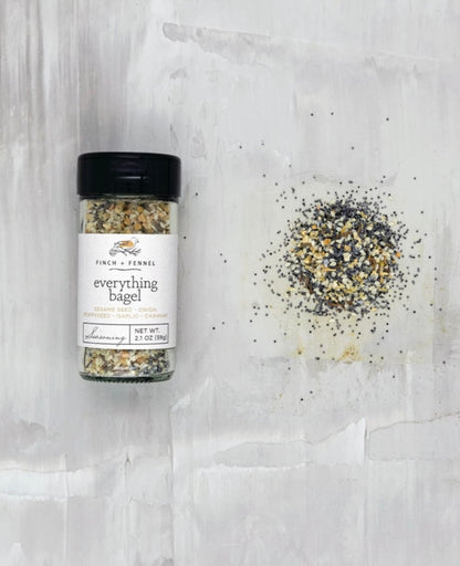 Everything Bagel Blend jar, visible seasoning inside. Available sizes: 2.3 oz, 4.5 oz, 8.5 oz.