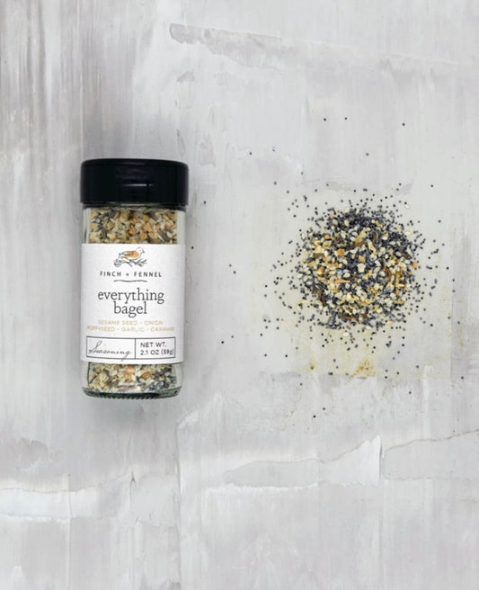Everything Bagel Blend jar, visible seasoning inside. Available sizes: 2.3 oz, 4.5 oz, 8.5 oz.