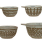 Set of 4 brown measuring cups with textured relief pattern, labeled 1/4, 1/3, 1/2, and 1 cup.